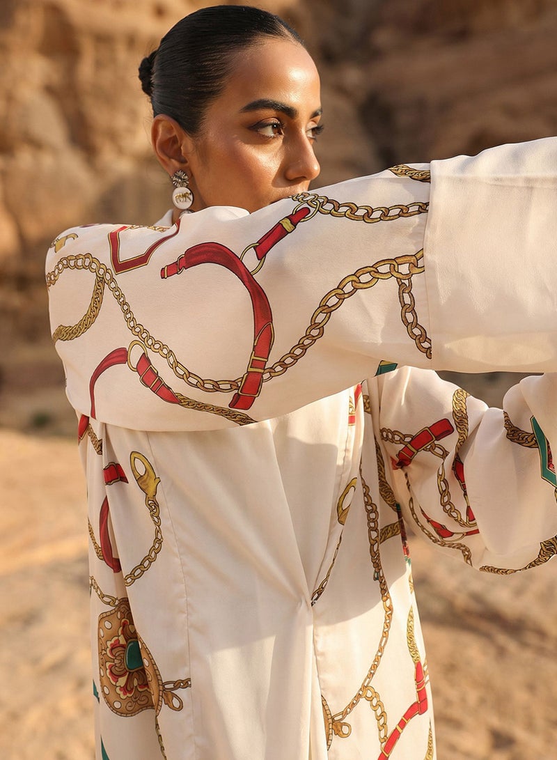 ISHIN Off White  Abstract print layered Abaya with Hijab - Image 4
